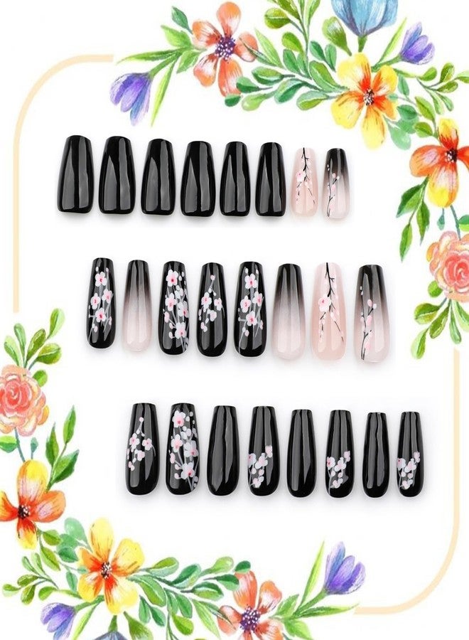 CJDLTS Flower Press on Nails Medium Ballet Shaped Black Gradient Artificial Fingernails Pink Plum Bossom Pattern Design Press Acrylic Fake Nail Full Cover Artificial Stick on Nails for Women Manicure Kit - Image 2